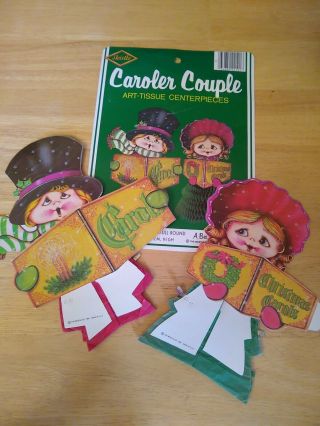 Vintage Beistle Christmas Caroler Couple Honeycomb Art Tissue Centerpieces 1980