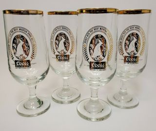 Vintage Coors Beer Stemmed Glass Gold Trim Waterfall Logo Collectable Set Of 4