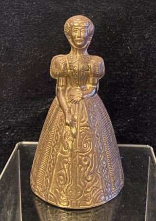 Vintage Bronze / Brass Maiden Victorian Lady Bell England 3.  75” Figural Tea Bell