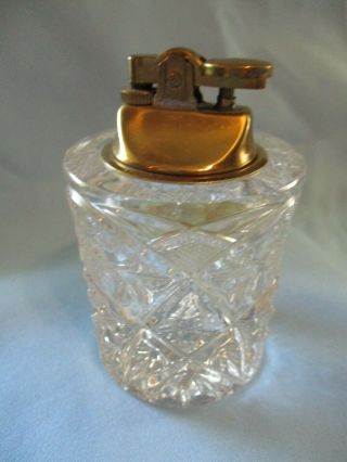 Gorgeous Mid Century Art Deco Crystal Cigarette Table Lighter 4 " Brass Inset