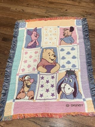 Vtg Disney Winnie Pooh & Friends Throw Baby Blanket Rug Tapestry Fringe Squares