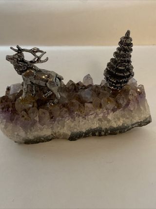 Vintage Amethyst Geode With Pewter Tree and Elk 3