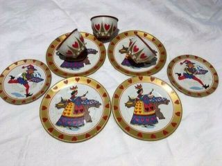 Vintage Tin Tea Set Plates & Cups Alice In Wonderland Queen Of Hearts