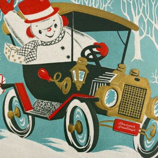 Vintage Mid Century Christmas Greeting Card Mr Snowman In Old Fashioned Car