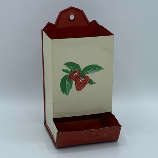 Vintage Tin Metal Wall Mount Matchbox Holder Painted With Strawberries