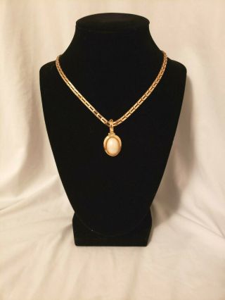 Vintage Necklace With A Faux Pearl Pendant And Faux Rhinestone Accents - Gold Tone