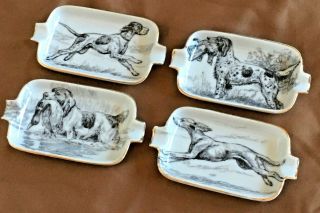 Vtg Set 4 Hunting Bird Dog Ash Trays Duck Grouse Porcelain Ceramic Black White