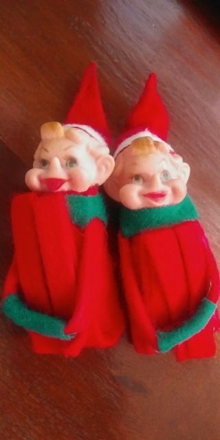 2 Little Elf Knee Hugger Elves Pixie Vintage Felt Christmas Ornaments 4 " Long
