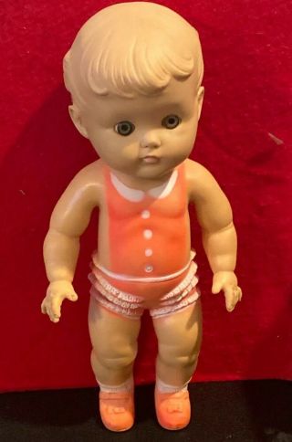 Vintage 1956 Sun Rubber Company Squeak Doll Rubber Girl In Pink 10” Tall &