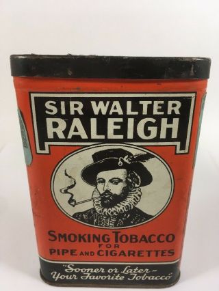 Sir Walter Raleigh Vintage Pocket Tobacco Tin With Stamp Pipe And Cigarettes