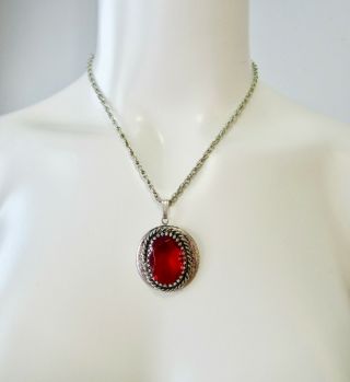 Vintage Retro Hippy Goth Large Red Plastic Gem On Silver Necklace