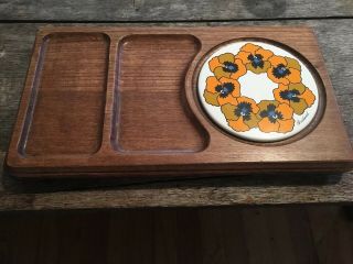 Vintage Goodwood Cheese & Cracker Tray,  Wood W/ Orange/yellow Floral Tile 1970s
