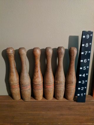 Vintage Miniature Wood Bowling Pins With Red Stripes 6 Total
