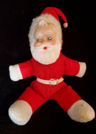 Vintage Stuffed Santa Claus With Rubber Face & Beard - White Belt - Japan