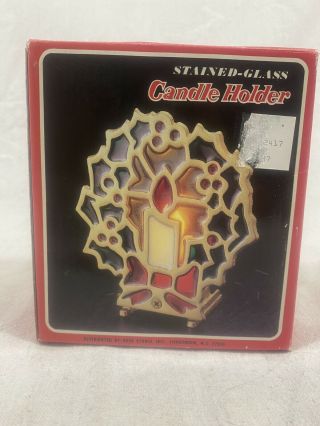 Vintage - Stained Glass Christmas Wreath Candle Holder Cast Iron Votive