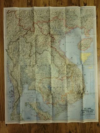 Vintage 1967 Vietnam Cambodia Laos Thailand National Geographic Map 39x31