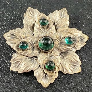 Vintage Antique Brooch Pin 2” Layered Flower Green Class Cabochon C Clasp Lot1