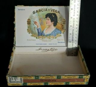 Vintage Garcia Y Vega Wooden Cigar Box,  Bonded Havana Senators - 8 1/4 " X 1 "