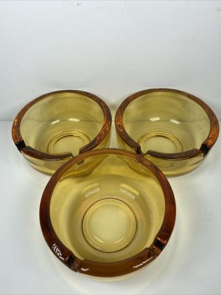 Vintage Set Of Three 3 1/2 " Round Glass Amber Ashtray With Two Rests Mid Century