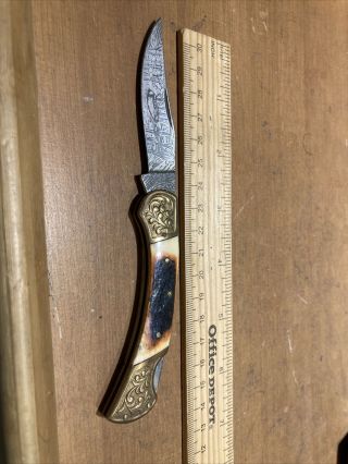 United Cutlery Knife Made In Japan Uc389 Damascus Lockback Vintage Duck Design
