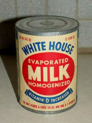 Rare Antique Vtg 1940s White House Evaporated Milk Metal Can 13 Oz.  Paper Label