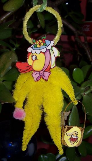 Easter Mother Chicken Vintage Bump Chenille Ornament Yellow Chick 6 1/2 In