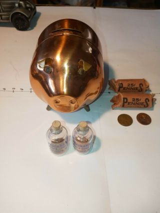 Vintage Copper Pig Piggy Bank Brass Ears And Tail 5”,  50 Cents Of Wheat Penny 