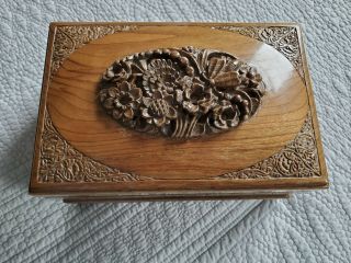 Large Vintage Hand Carved Wooden Jewelry Box Foreign No Key (read)