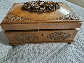 Large vintage hand carved wooden jewelry box Foreign No key (READ) 2