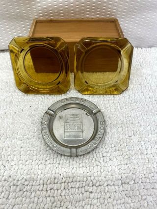 Vintage Retro Amber Glass Square Ash Trays Set Of 2 & 1 Silver Salem Ashtray