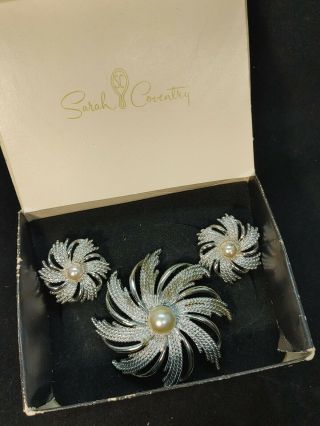 Vintage Sarah Coventry Brooch And Earrings Set Pinwheel Silver Tone Faux Pearl