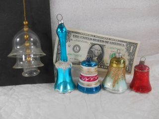 5 Vintage Mercury Glass & Crystal Christmas Bell Ornaments W Dingers