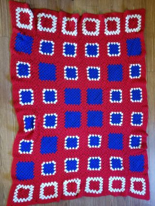 Vtg Handmade Patriotic Granny Squares Afghan Throw Blanket Crocheted 45 " X 62 "