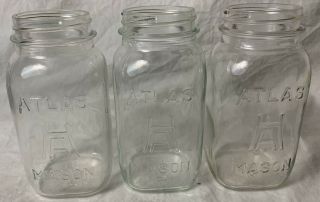 3 Vintage Clear Green Glass Atlas H Over A Mason Jar Quart