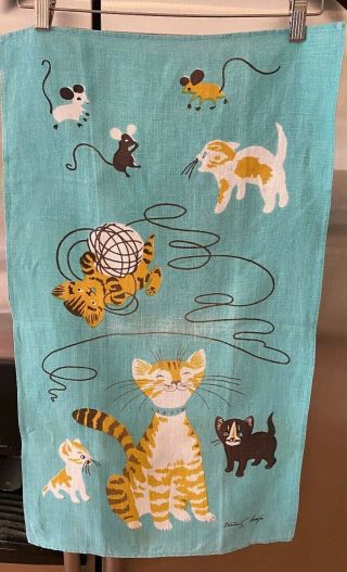 Vintage Nos Linen Tea Towel - Signed Tammis Keefe Cats And Kittens - Turquoise