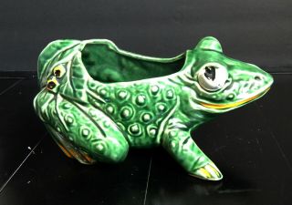 Vintage Mccoy Usa Pottery Green Hand Painted Frog Planter