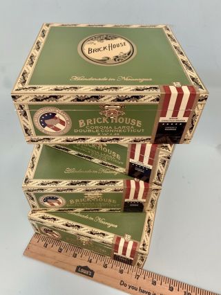 4 Empty Brick House Wood Cigar Boxes Clasp & Hinges Corona Larga Green 7 " X7.  25 "