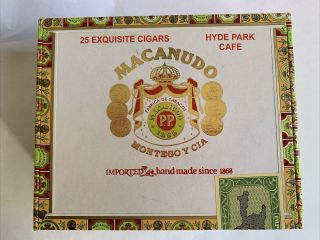 Macanudo Wooden Cigar Box,  Hyde Park Cafe,  Montego Y Cia,  Stamped,  Empty