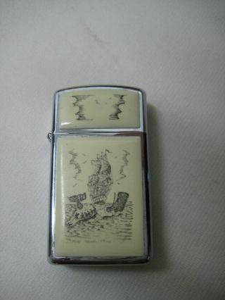 Vintage 1987 Slim Ivory Color Zippo Lighter W/ Scrimshaw Whale Series,  Pre - Owned