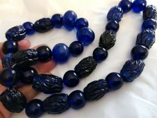 Vintage Antique Cobalt Blue Glass Bead Necklace,  28 ",  Handknotted