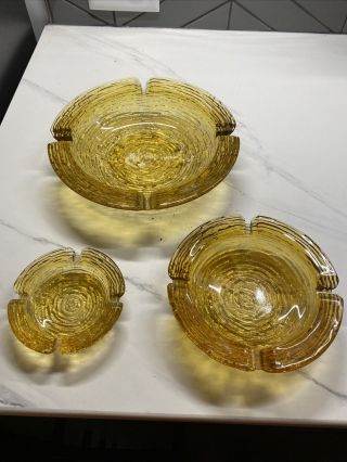 Set Of 3 Vintage Large Heavy Mid - Century 8 " Amber Glass Ashtray.  Perfect
