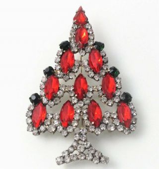 Vintage 3 1/2 " Red Rhinestone Christmas Tree Brooch Pin Prong Set Stones