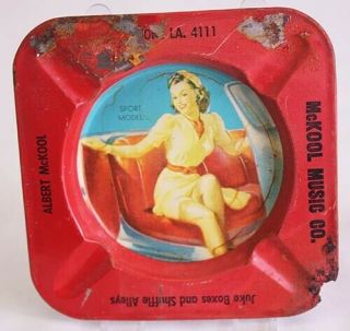 Vintage RISQUE WOMAN Tin Advertising Ashtray McKOOL MUSIC CO.  LA.  4111 3