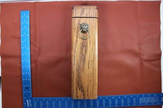 Vintage Solid Oak Wood Brass Lion Head Fireplace Match Box
