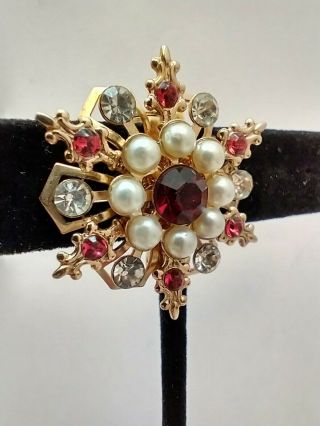 Vintage Snowflake Christmas Pin Brooch Pearl And Red Rhinestone Gold Tone 2