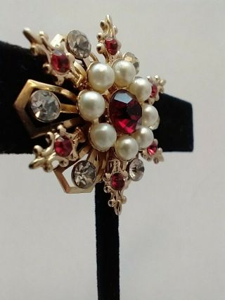 Vintage Snowflake Christmas Pin Brooch Pearl And Red Rhinestone Gold Tone 3