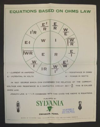 Vintage Ohms Law Poster Sylvania Tubes,  Emporium,  Pa,  C & G Co.  Seattle Tacoma