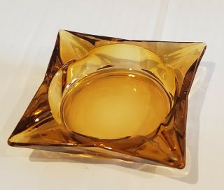 Vintage Amber Glass Ashtray - Square With 4 Point Star Design - Retro - Mcm