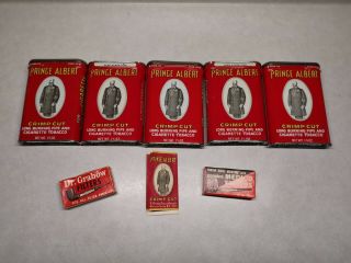 5 Vintage Prince Albert Crimp Cut Pipe & Cigarette Tobacco Pocket Tins 1950s