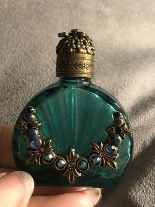 Vintage Small Green Glass Jeweled Perfume Bottle